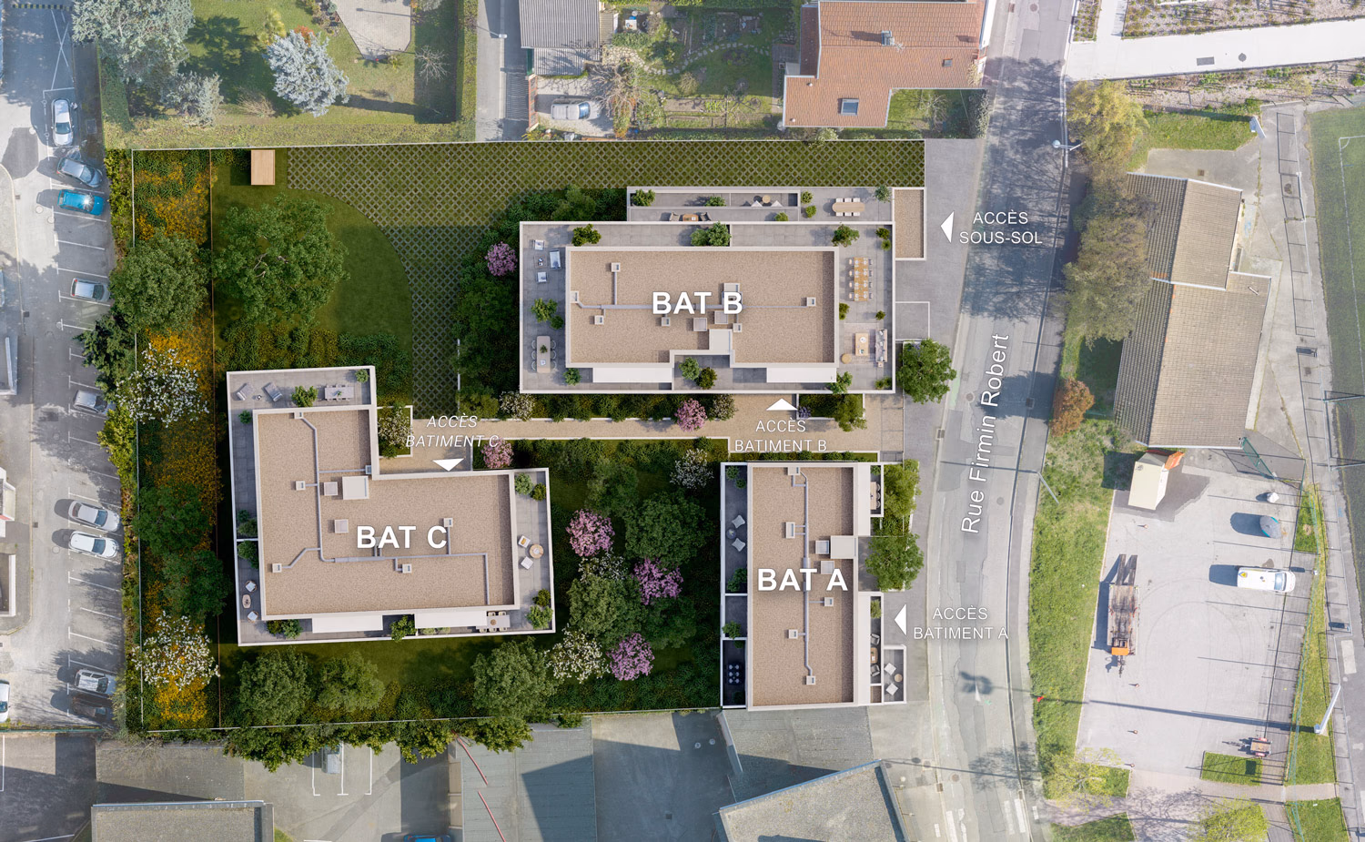 Plan de masse 3D illustré d’un ensemble résidentiel autour d’un jardin central