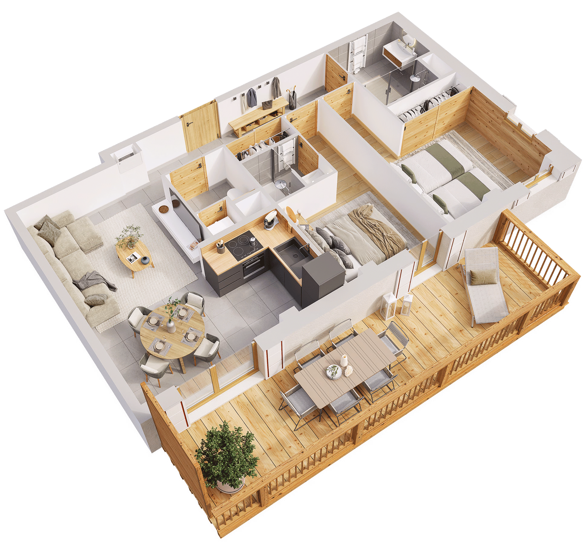 Plan de vente 3D d’un appartement avec terrasse